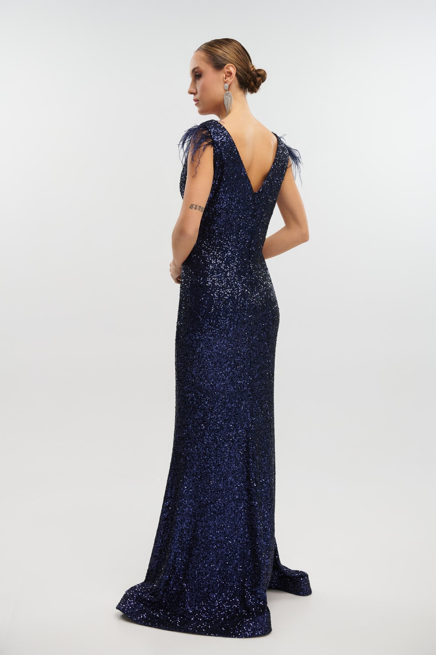 Φόρεμα Maxi Γοργονέ Με Παγιέτες και Πούπουλα Navy Blue - Agnete