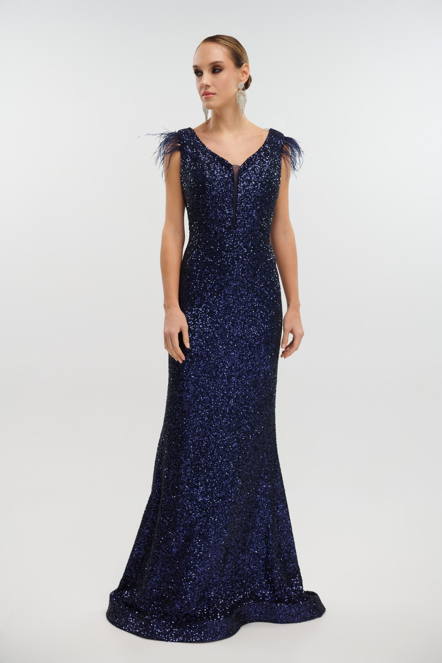 Φόρεμα Maxi Γοργονέ Με Παγιέτες και Πούπουλα Navy Blue - Agnete