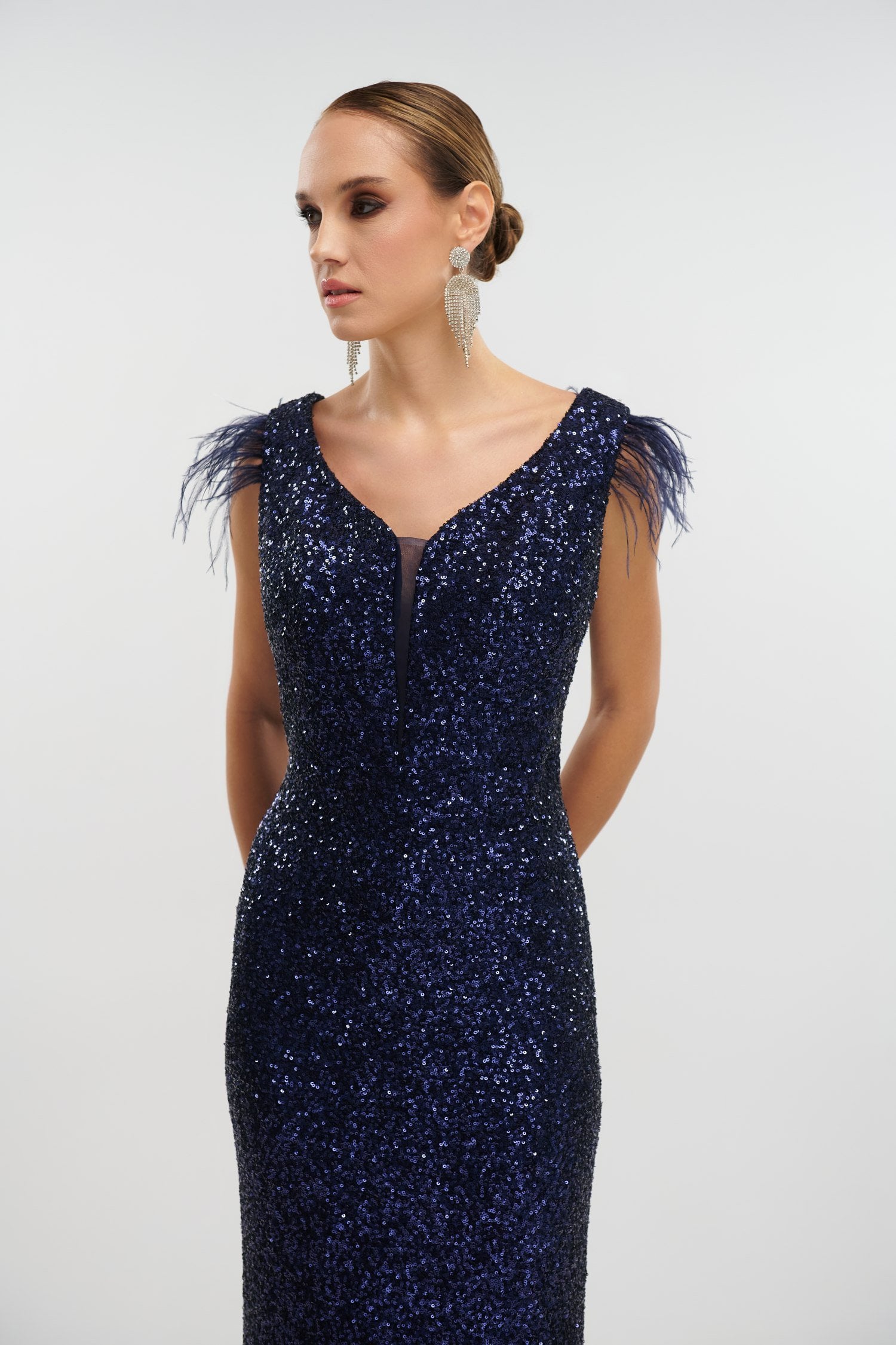 Φόρεμα Maxi Γοργονέ Με Παγιέτες και Πούπουλα Navy Blue - Agnete