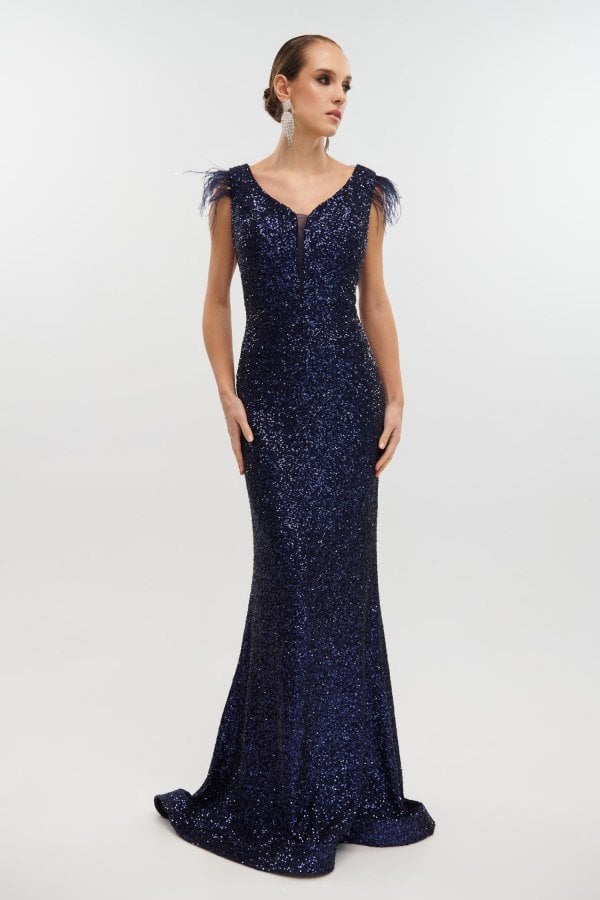 Φόρεμα Maxi Γοργονέ Με Παγιέτες και Πούπουλα Navy Blue - Agnete