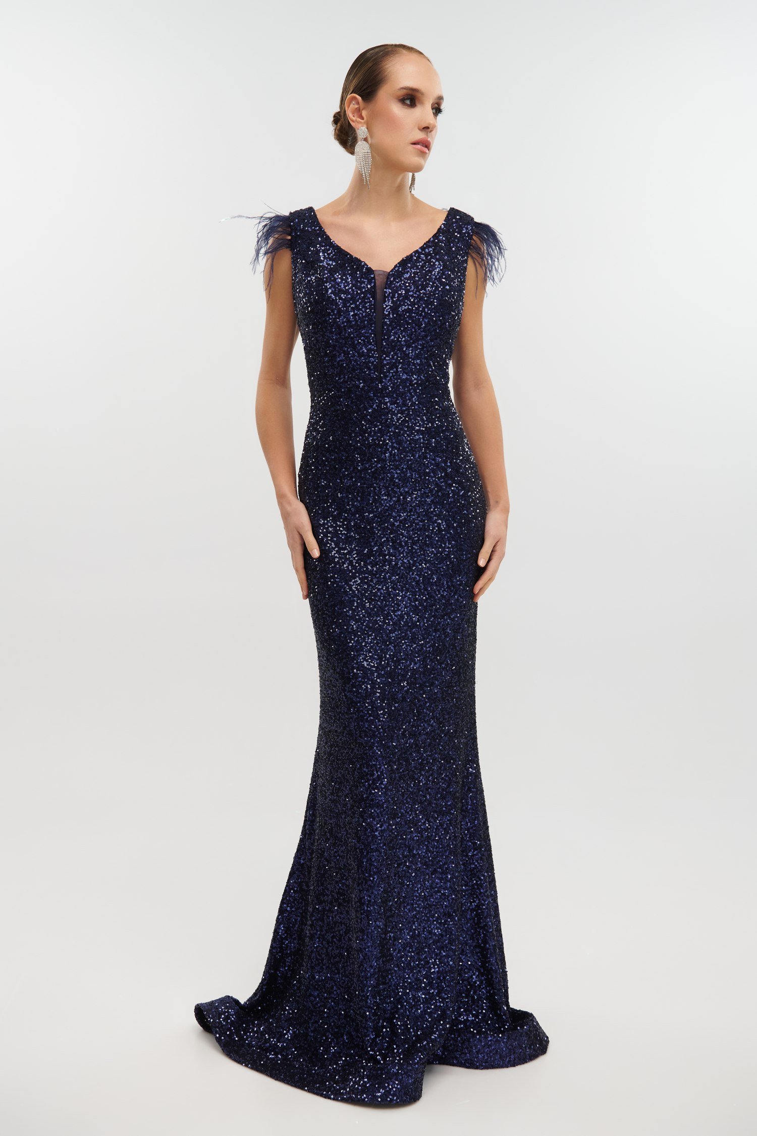 Φόρεμα Maxi Γοργονέ Με Παγιέτες και Πούπουλα Navy Blue - Agnete