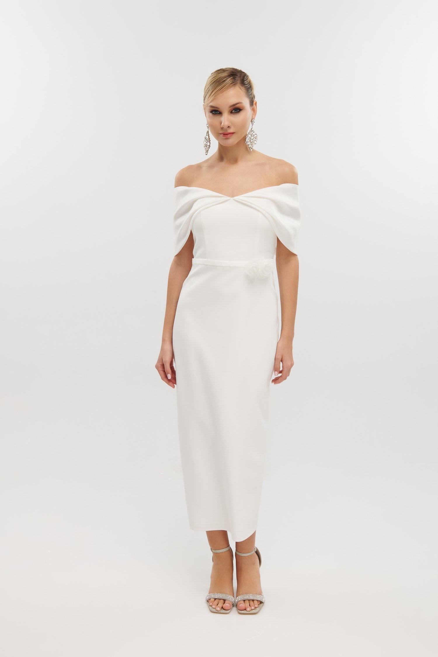 Φόρεμα Κρεπ Midi Off Shoulder Με Μπουτονιέρα Λευκό - Thalie