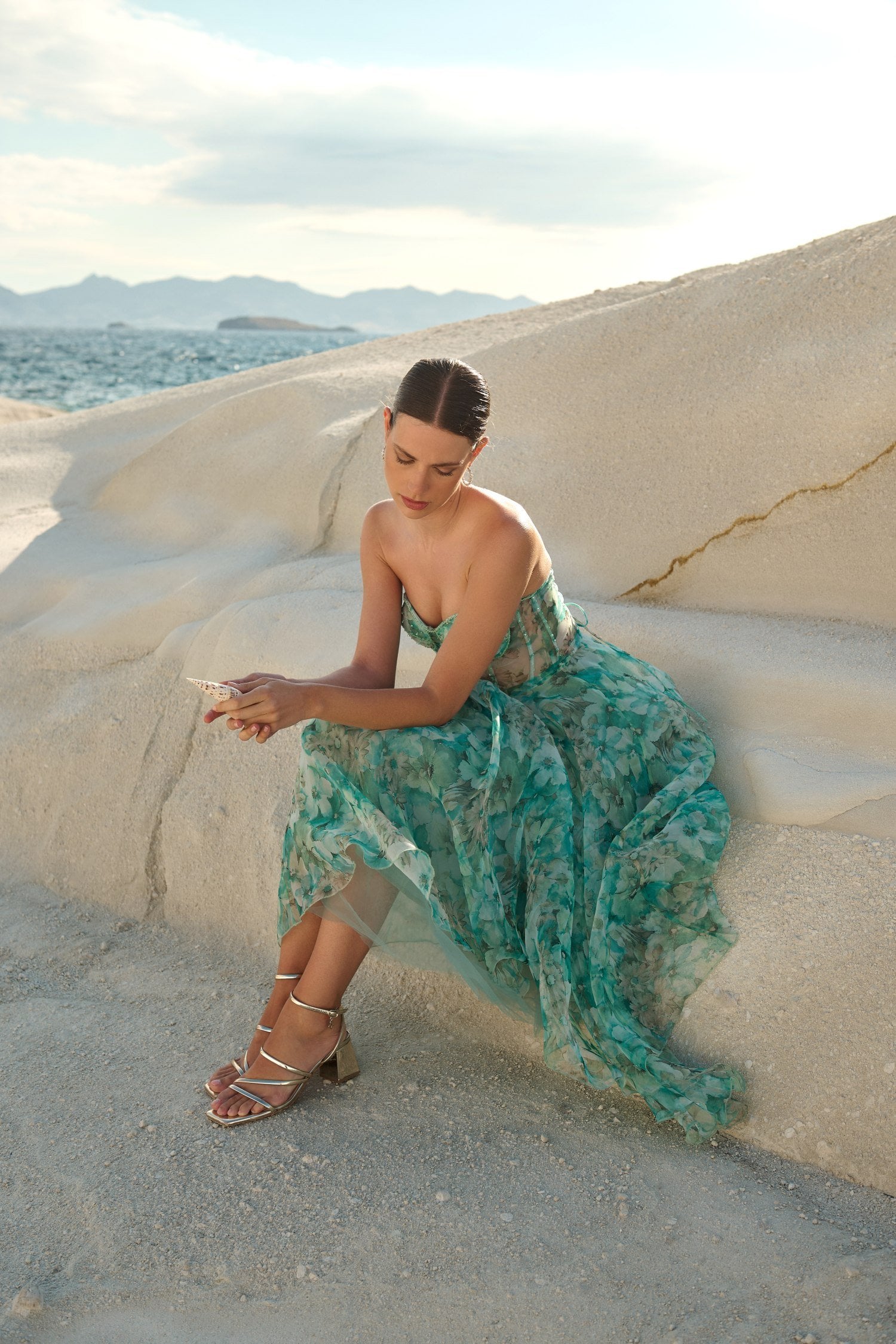 Φόρεμα Strapless Midi Οργαντίνα Floral Μέντα - Irida