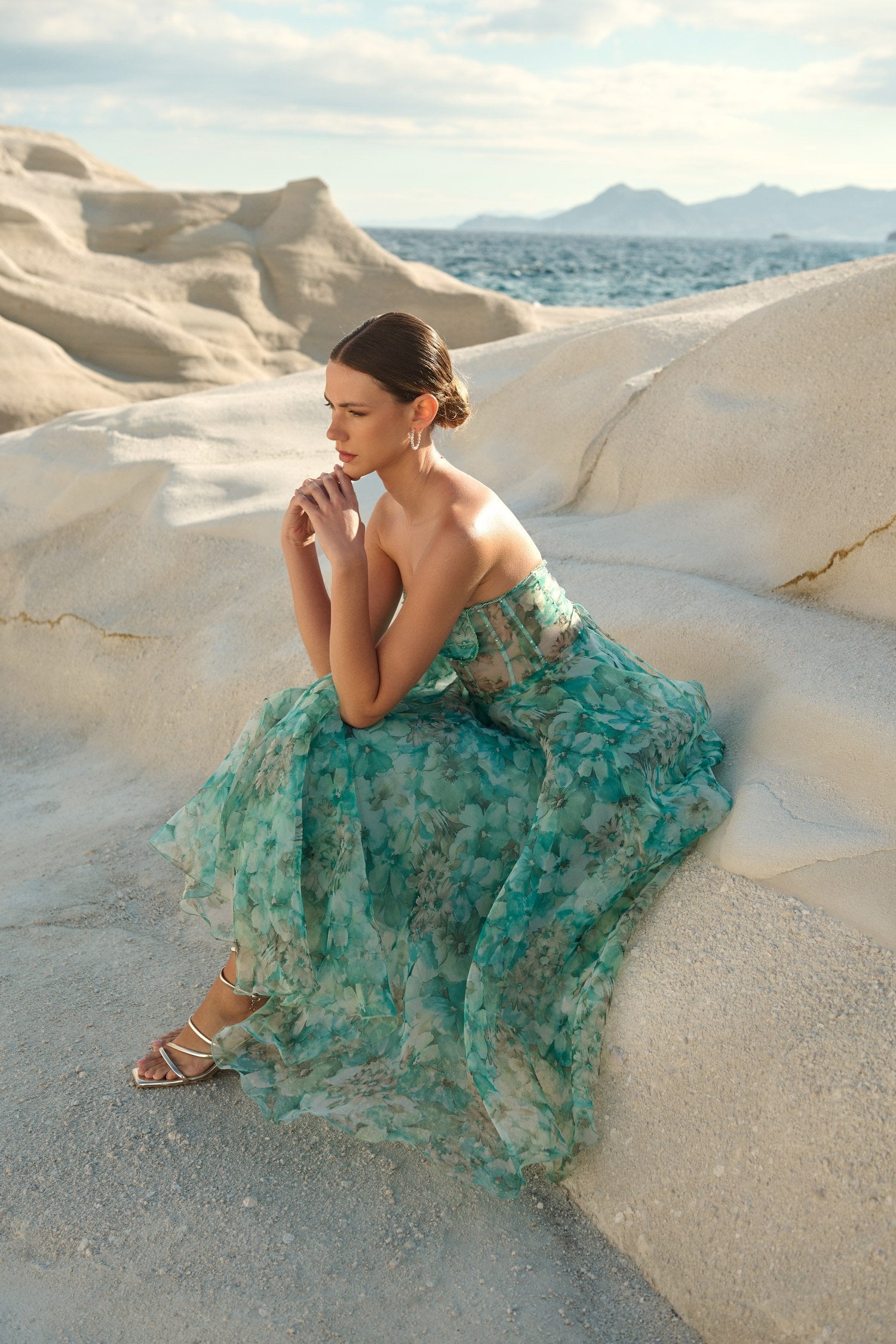 Φόρεμα Strapless Midi Οργαντίνα Floral Μέντα - Irida