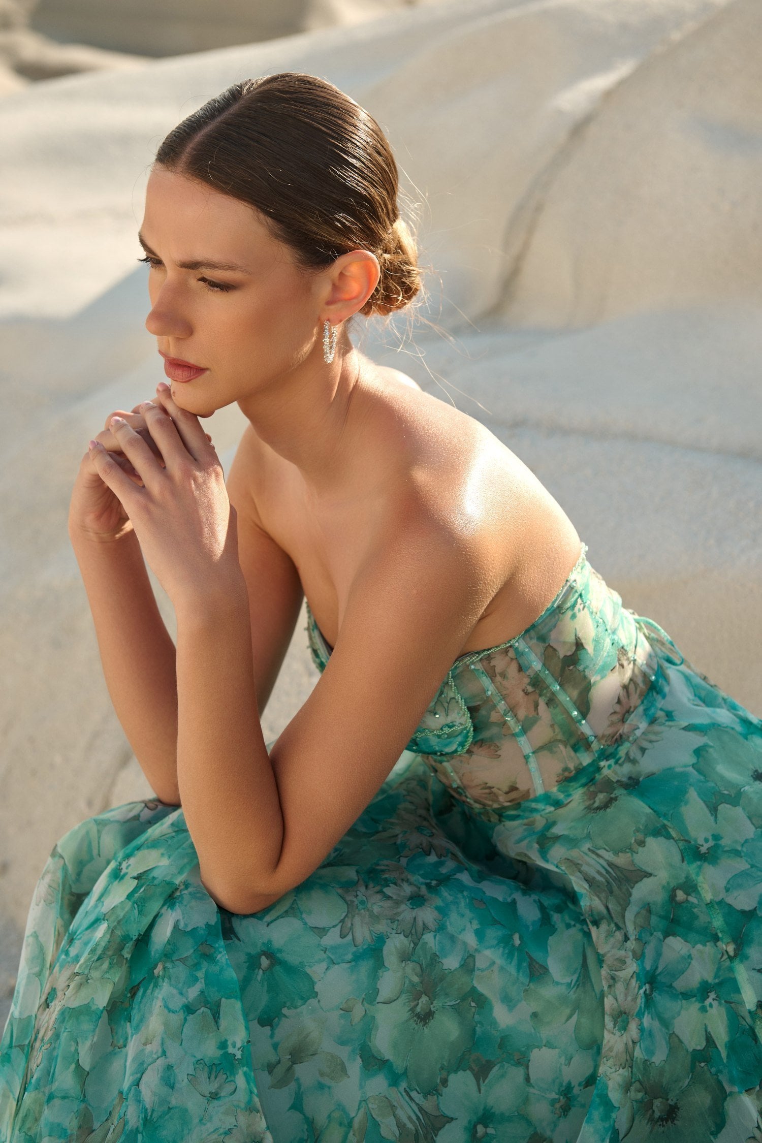 Φόρεμα Strapless Midi Οργαντίνα Floral Μέντα - Irida