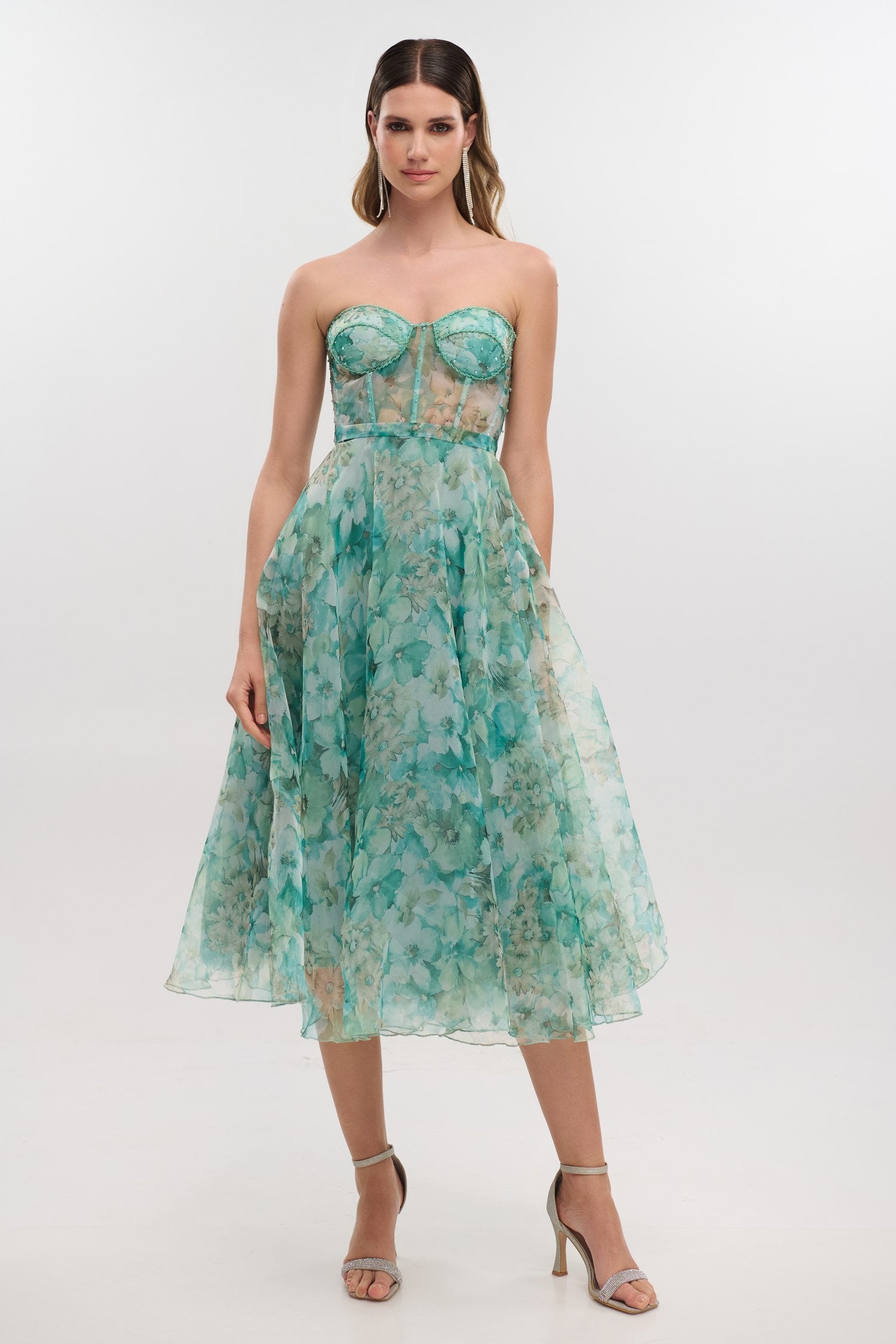 Φόρεμα Strapless Midi Οργαντίνα Floral Μέντα - Irida