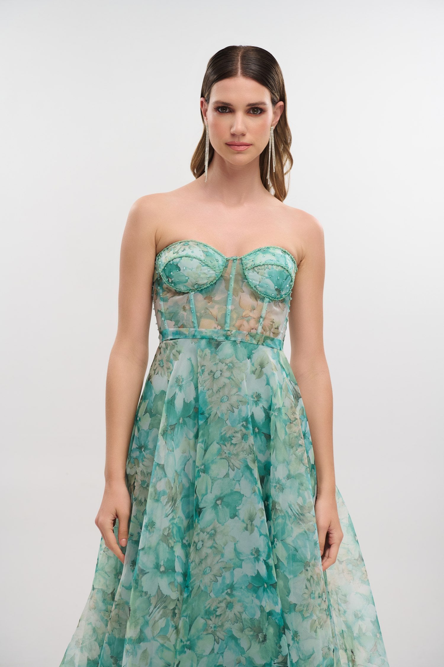 Φόρεμα Strapless Midi Οργαντίνα Floral Μέντα - Irida