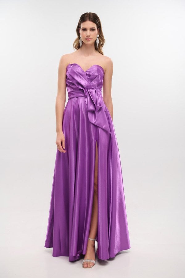 Maxi Φόρεμα Strapless Από Γυαλιστερό Ταφτά Μώβ - Bella