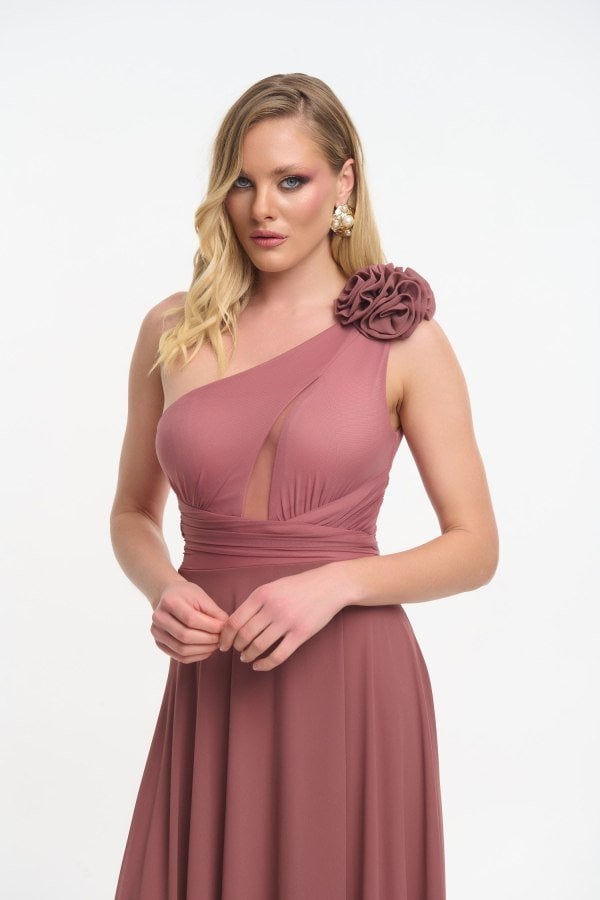 Φόρεμα Maxi Μουσελίνα Με Έναν Ώμο και Λουλούδια Old Pink - Vivienne