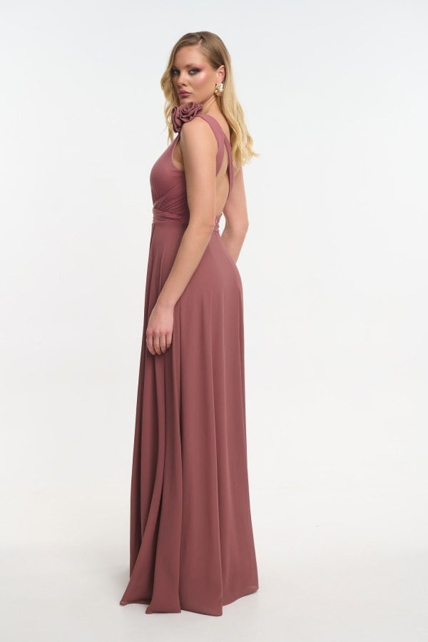 Φόρεμα Maxi Μουσελίνα Με Έναν Ώμο και Λουλούδια Old Pink - Vivienne