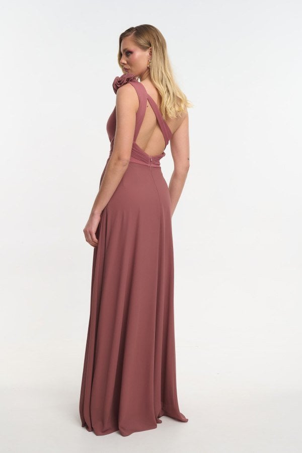 Φόρεμα Maxi Μουσελίνα Με Έναν Ώμο και Λουλούδια Old Pink - Vivienne
