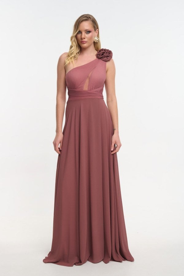 Φόρεμα Maxi Μουσελίνα Με Έναν Ώμο και Λουλούδια Old Pink - Vivienne
