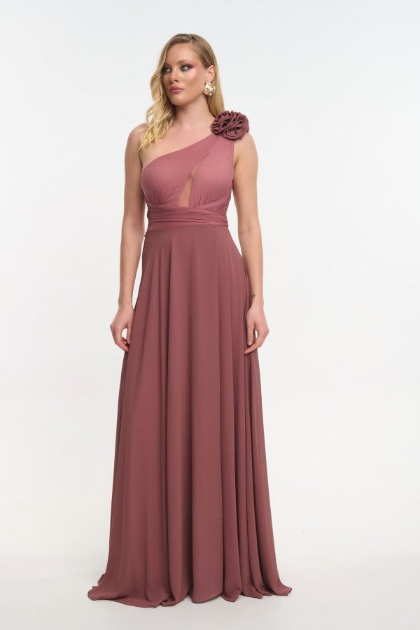 Φόρεμα Maxi Μουσελίνα Με Έναν Ώμο και Λουλούδια Old Pink - Vivienne