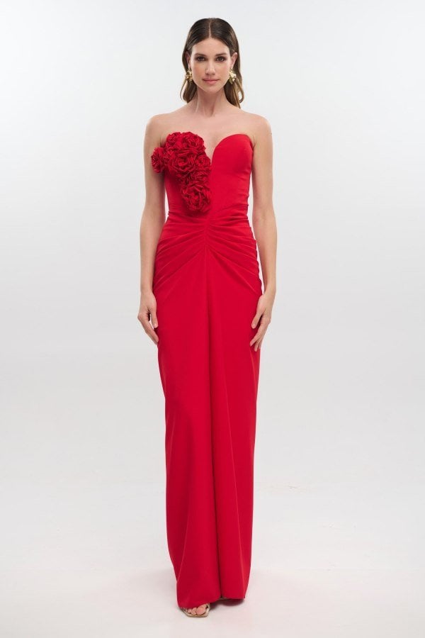 Maxi Κρεπ Φόρεμα Strapless Με Λουλούδια και Ουρά Κόκκινο - Kristalia