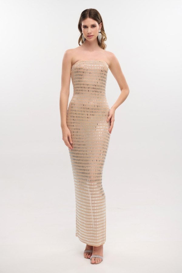 Μακρύ Φόρεμα Strapless Από Ελαστικό Τούλι με Κρυσταλλάκια Μπεζ Ασημί - Anita