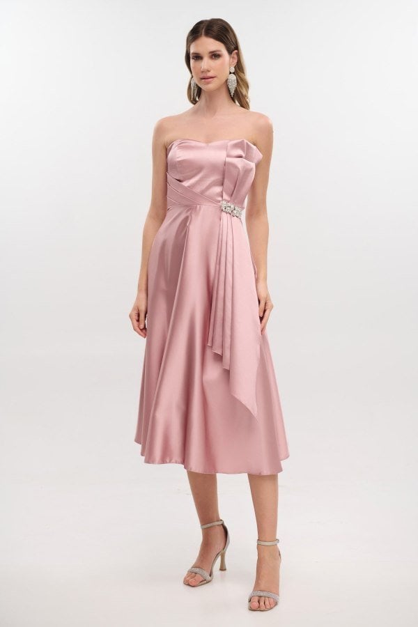 Midi Φόρεμα Σατέν Strapless Old Pink - Nahia