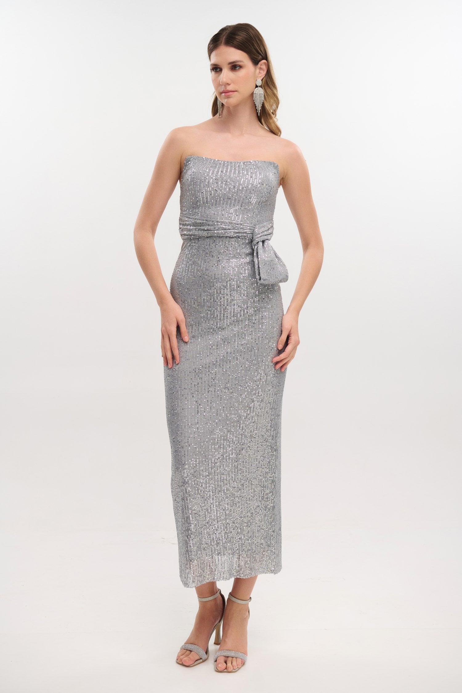 Midi Φόρεμα Strapless Με Παγιέτα Silver - Kimberly