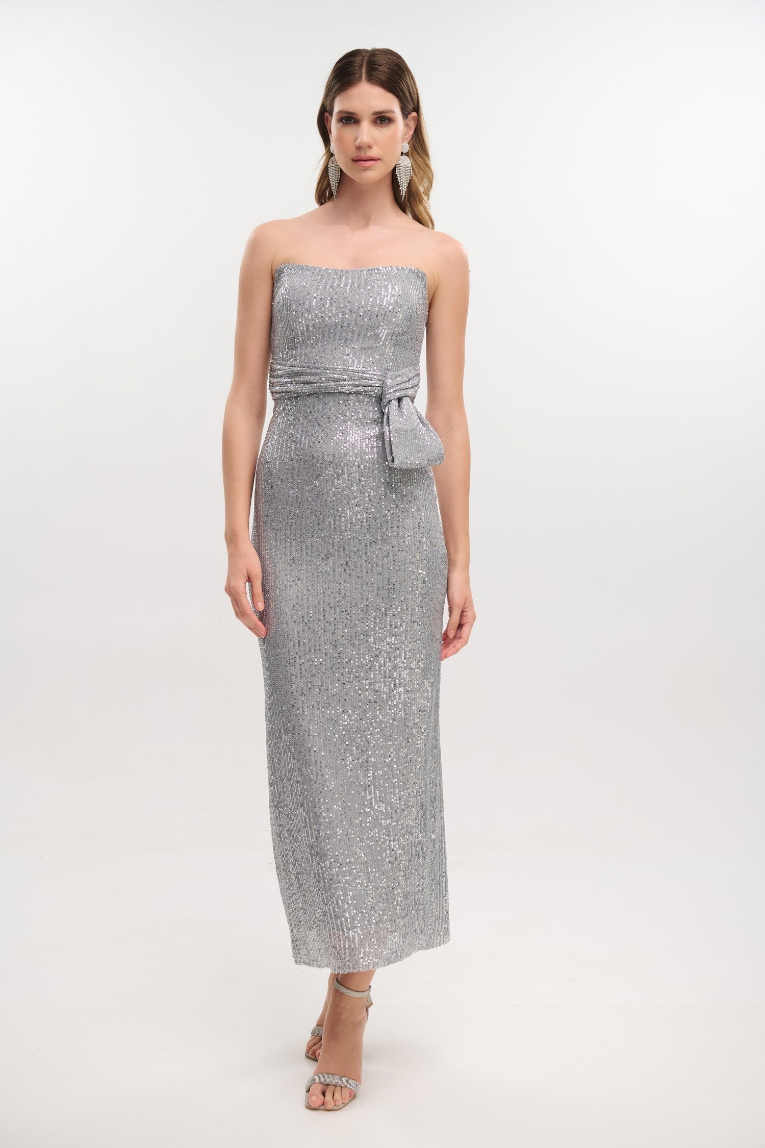 Midi Φόρεμα Strapless Με Παγιέτα Silver - Kimberly