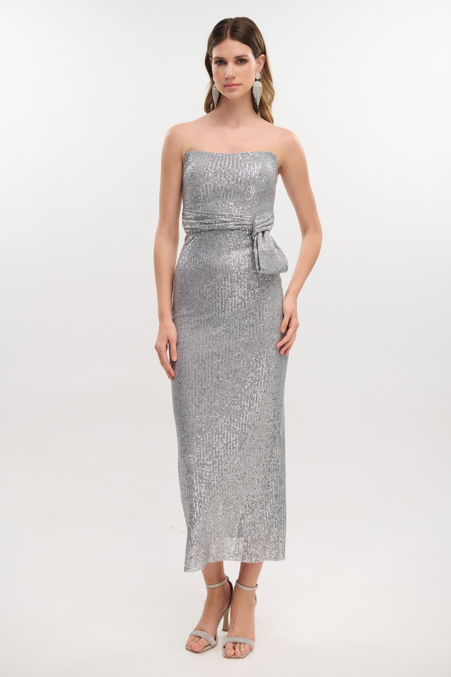 Midi Φόρεμα Strapless Με Παγιέτα Silver - Kimberly