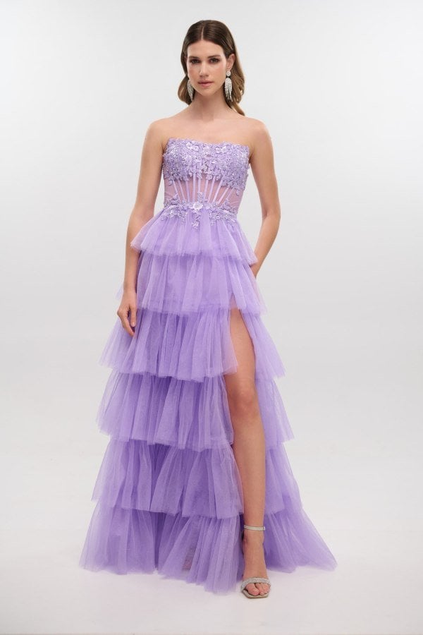 Εντυπωσιακό Strapless Τούλινο Φόρεμα Μακρύ Με Glitter Λιλά - Katherine