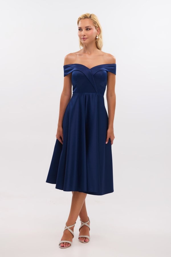 Midi Φόρεμα Σατέν Off Shoulder Σε Άλφα Γραμμή Navy Blue - Alcyone