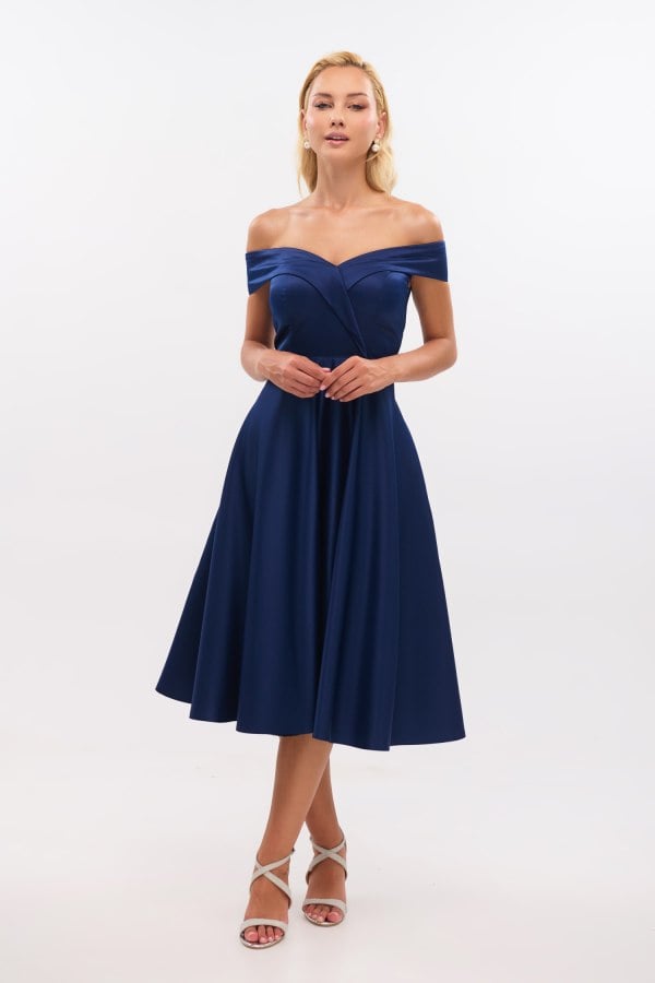 Midi Φόρεμα Σατέν Off Shoulder Σε Άλφα Γραμμή Navy Blue - Alcyone
