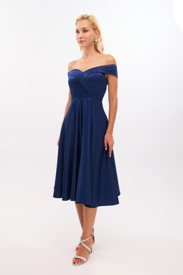 Midi Φόρεμα Σατέν Off Shoulder Σε Άλφα Γραμμή Navy Blue - Alcyone