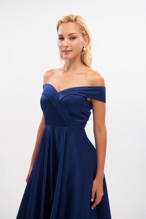 Midi Φόρεμα Σατέν Off Shoulder Σε Άλφα Γραμμή Navy Blue - Alcyone