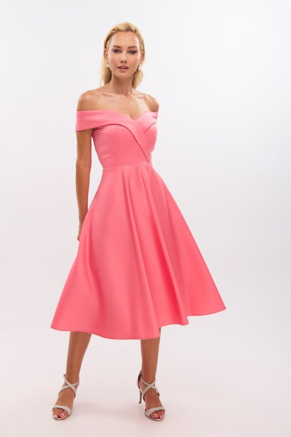 Midi Φόρεμα Σατέν Off Shoulder Σε Άλφα Γραμμή Peach - Alcyone