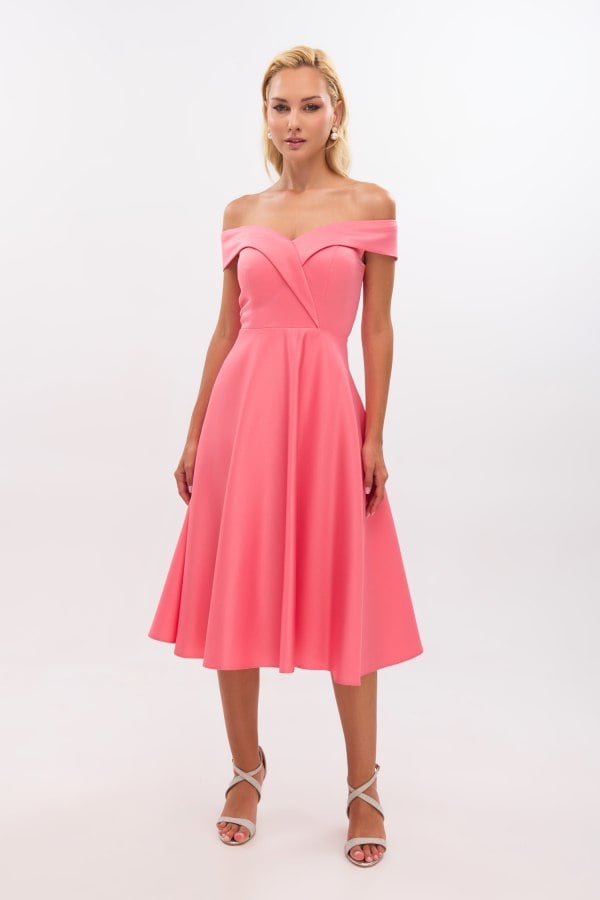 Midi Φόρεμα Σατέν Off Shoulder Σε Άλφα Γραμμή Peach - Alcyone