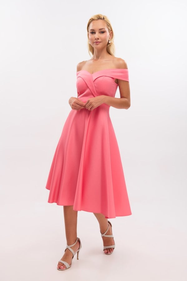 Midi Φόρεμα Σατέν Off Shoulder Σε Άλφα Γραμμή Peach - Alcyone