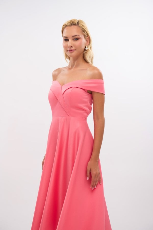 Midi Φόρεμα Σατέν Off Shoulder Σε Άλφα Γραμμή Peach - Alcyone