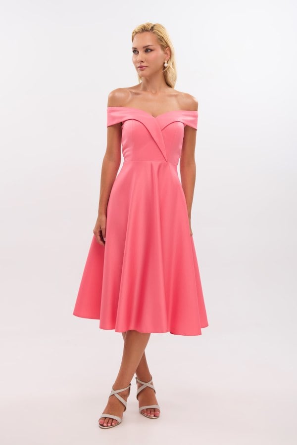 Midi Φόρεμα Σατέν Off Shoulder Σε Άλφα Γραμμή Peach - Alcyone