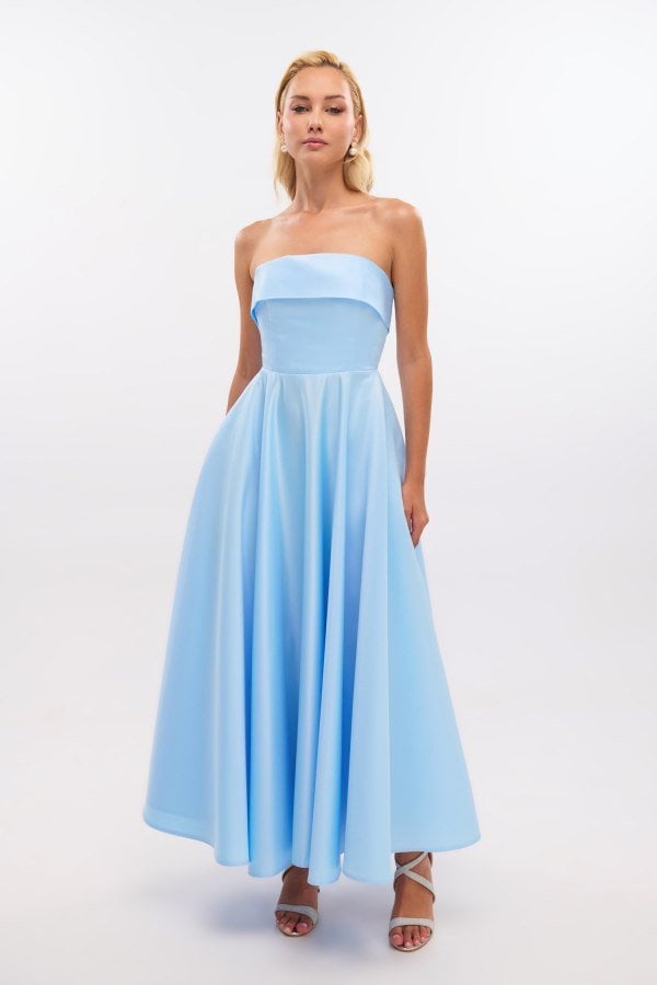 Σατέν Midi Φόρεμα Strapless Σε Άλφα Γραμμή Light Blue - Marlen