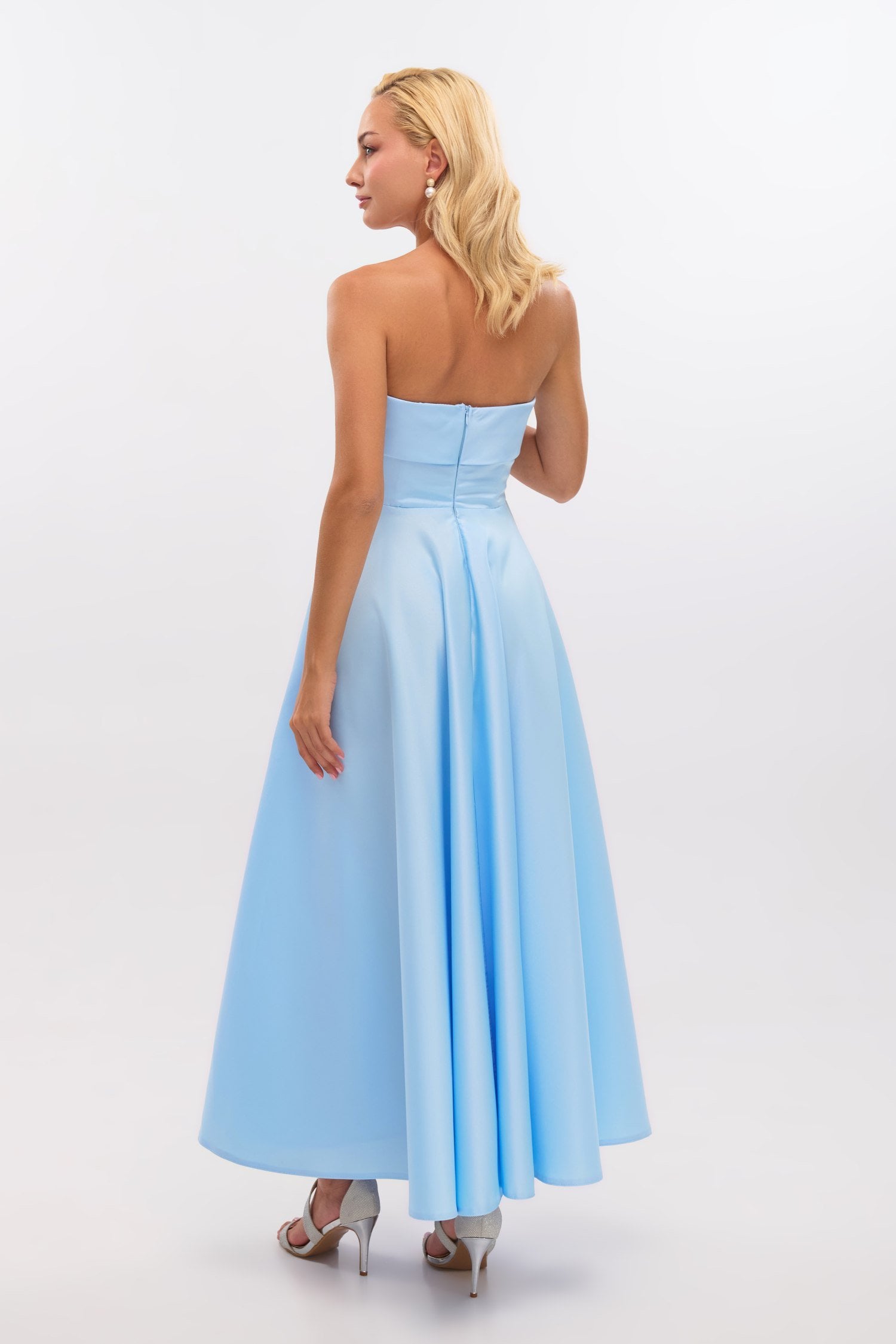 Σατέν Midi Φόρεμα Strapless Σε Άλφα Γραμμή Light Blue - Marlen - Image 3