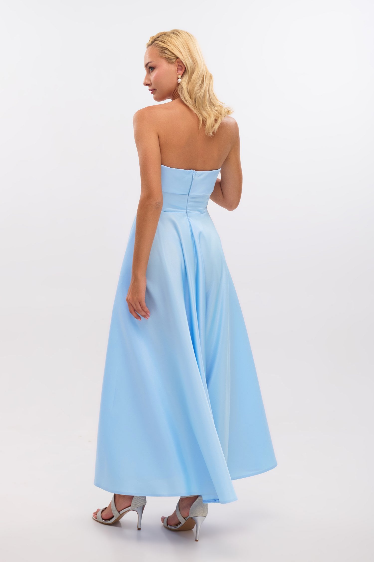 Σατέν Midi Φόρεμα Strapless Σε Άλφα Γραμμή Light Blue - Marlen - Image 4
