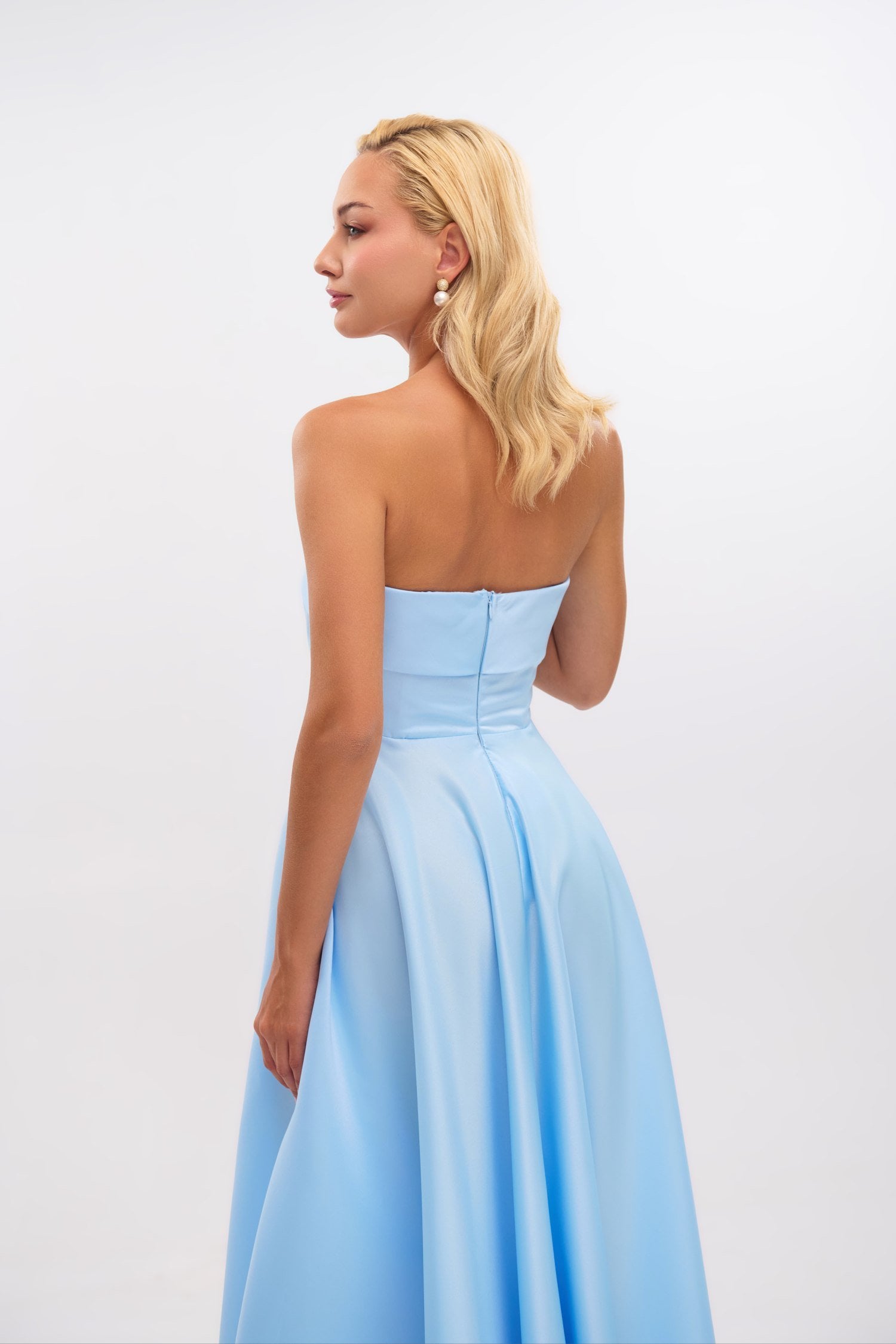 Σατέν Midi Φόρεμα Strapless Σε Άλφα Γραμμή Light Blue - Marlen - Image 6