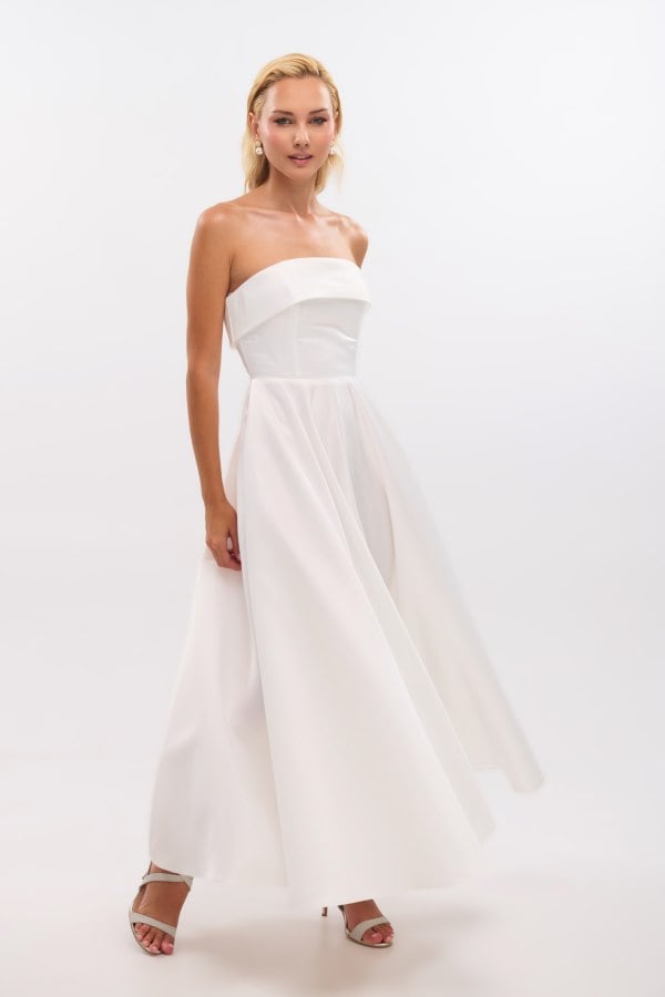 Σατέν Midi Φόρεμα Strapless Σε Άλφα Γραμμή Λευκό - Marlen
