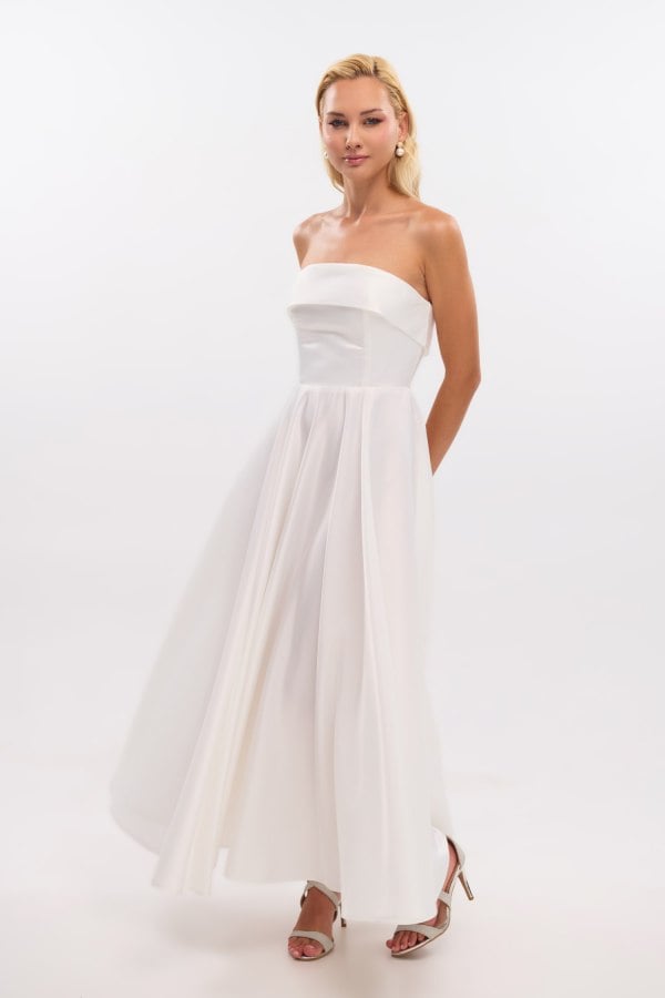 Σατέν Midi Φόρεμα Strapless Σε Άλφα Γραμμή Λευκό - Marlen