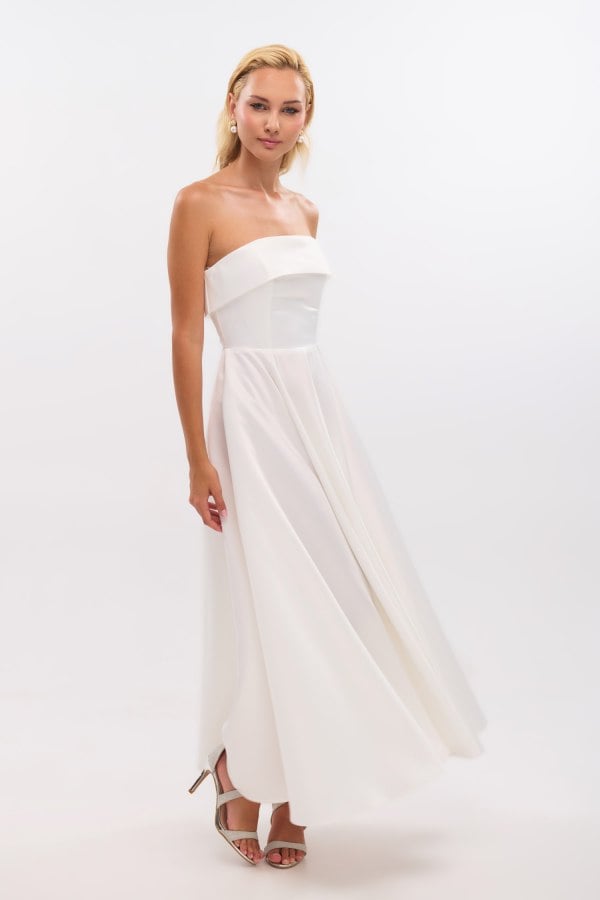 Σατέν Midi Φόρεμα Strapless Σε Άλφα Γραμμή Λευκό - Marlen