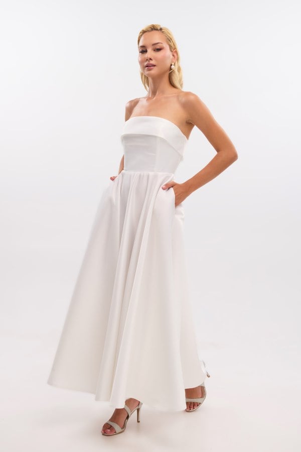 Σατέν Midi Φόρεμα Strapless Σε Άλφα Γραμμή Λευκό - Marlen
