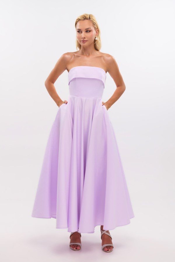 Σατέν Midi Φόρεμα Strapless Σε Άλφα Γραμμή Λιλά - Marlen
