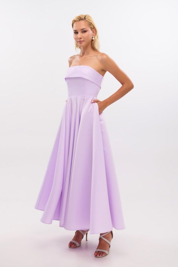 Σατέν Midi Φόρεμα Strapless Σε Άλφα Γραμμή Λιλά - Marlen