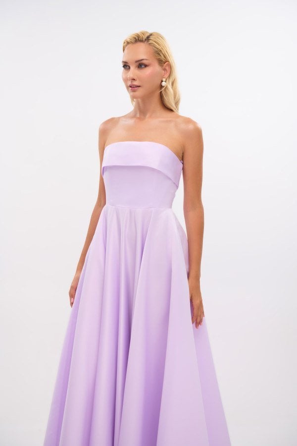 Σατέν Midi Φόρεμα Strapless Σε Άλφα Γραμμή Λιλά - Marlen