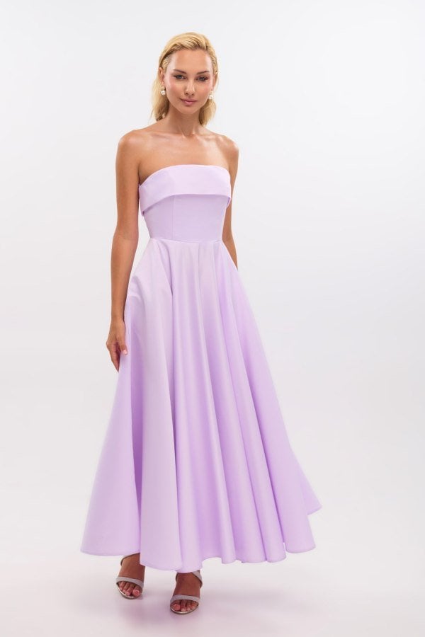 Σατέν Midi Φόρεμα Strapless Σε Άλφα Γραμμή Λιλά - Marlen