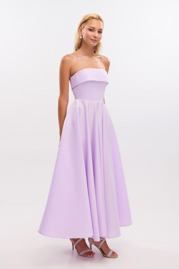 Σατέν Midi Φόρεμα Strapless Σε Άλφα Γραμμή Λιλά - Marlen