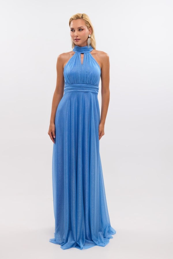 Maxi Φόρεμα Shiny Μουσελίνα Με Δέσιμο Στο Λαιμό Light Blue - Torina