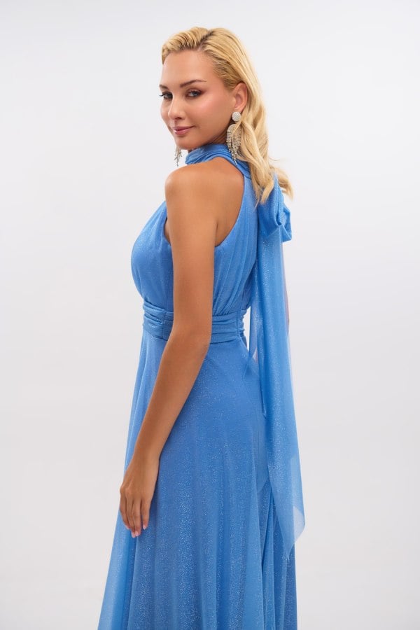 Maxi Φόρεμα Shiny Μουσελίνα Με Δέσιμο Στο Λαιμό Light Blue - Torina