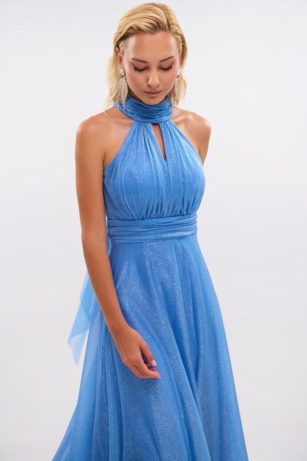 Maxi Φόρεμα Shiny Μουσελίνα Με Δέσιμο Στο Λαιμό Light Blue - Torina