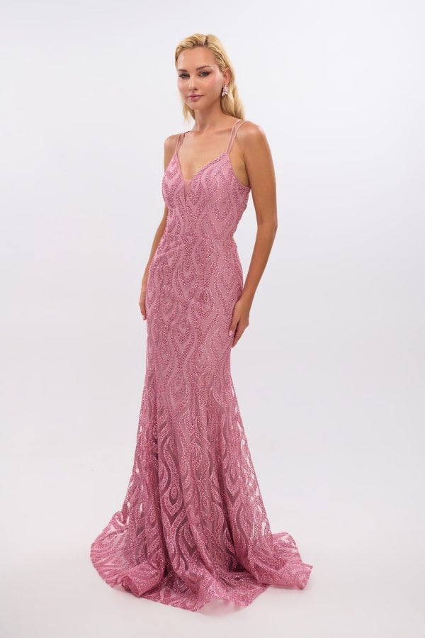 Γοργονέ Maxi Φόρεμα Ελαστικό Τούλι με Glitter Old Pink - Lillyanna
